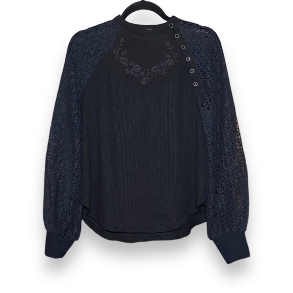 Free People Sweetest Thing Thermal Top Lace Sleeves Black Small Embroidered - Picture 2 of 8